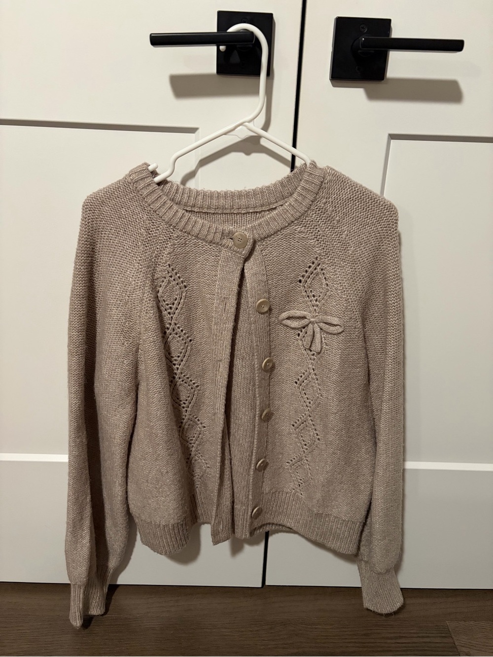aerie Taupe Button-Front Knit Cardigan with Bow Detail